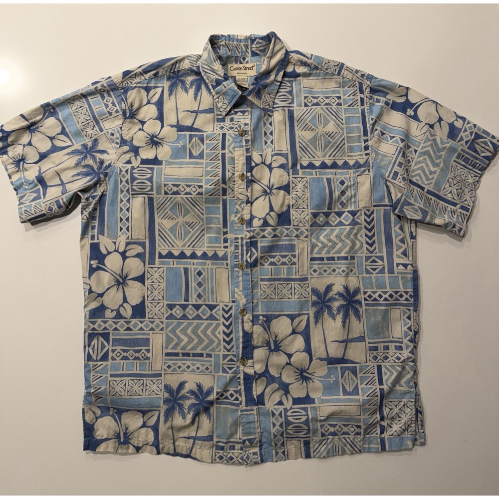 Cooke Street Honolulu Tapa Print Aloha Shirt‎ Blue Mens Large 0510/5964